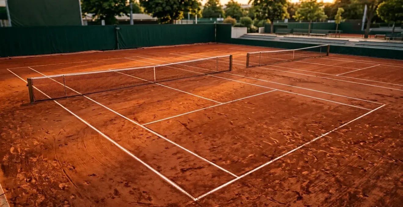 Vue du court de tennis en terre battue de Roland-Garros avec lignes et angles géométriques