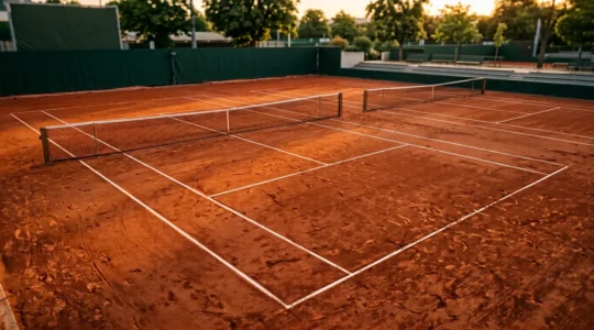 Vue du court de tennis en terre battue de Roland-Garros avec lignes et angles géométriques
