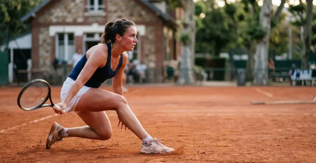 Joueur de tennis en plein effort physique sur court de terre battue