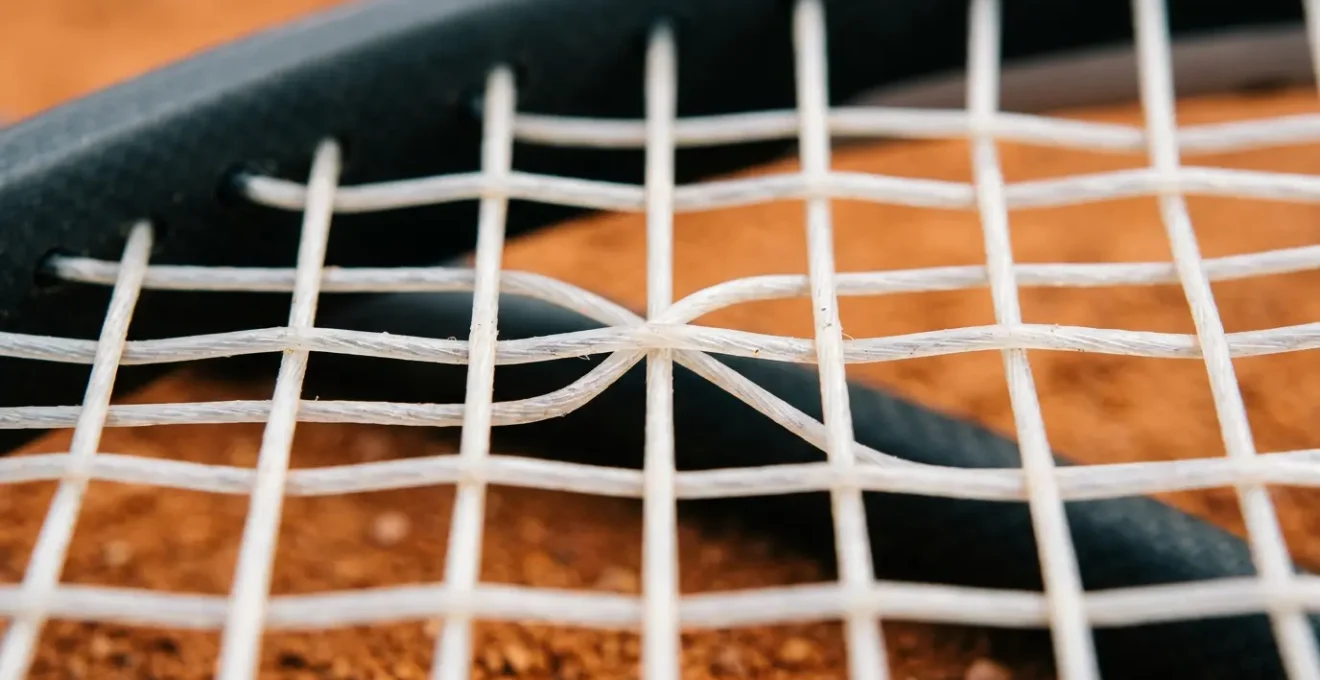 Gros plan sur le cordage d'une raquette de tennis montrant la texture et la tension des cordes