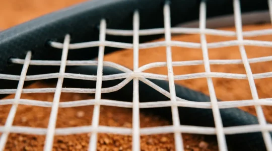 Gros plan sur le cordage d'une raquette de tennis montrant la texture et la tension des cordes