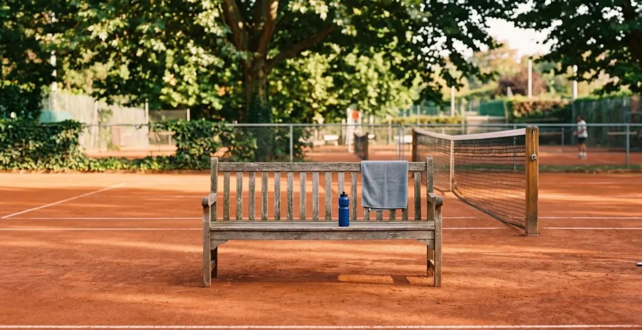 Bouteille isotonique et serviette sur banc de tennis lors du changement de côté