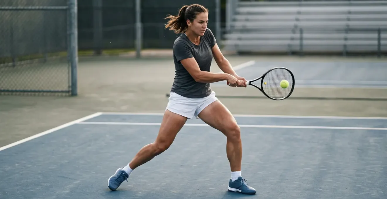 Joueur de tennis sur court en dur effectuant un mouvement de frappe avec attention portée aux appuis et à la biomécanique du corps