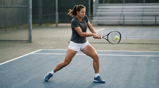 Joueur de tennis sur court en dur effectuant un mouvement de frappe avec attention portée aux appuis et à la biomécanique du corps