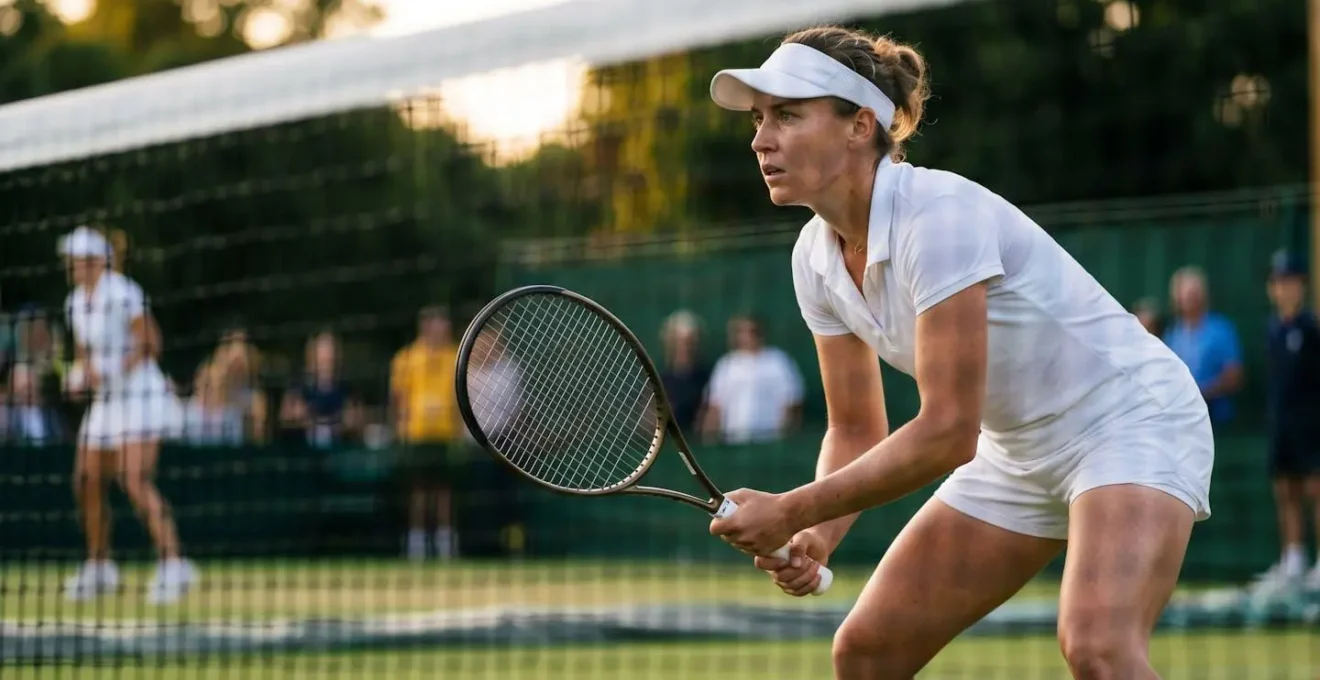 Joueur de tennis en position de volée au filet sur court de gazon avec posture dynamique