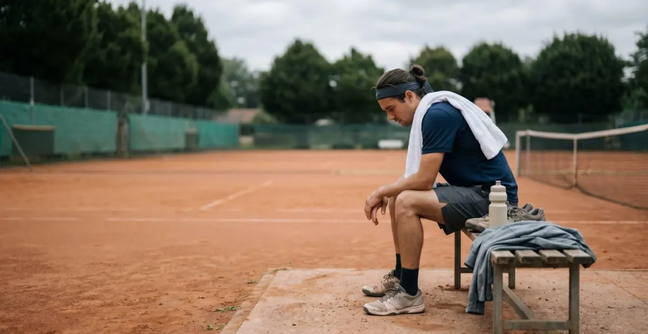 Joueur de tennis en pause pendant un changement de côté, préparant un changement de tenue avec serviette et équipement de rechange