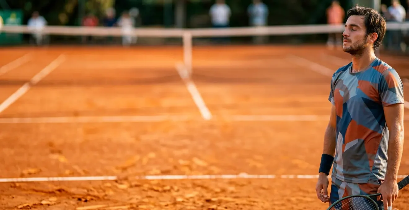 Joueur de tennis concentré sur court en terre battue dans un moment de maîtrise émotionnelle