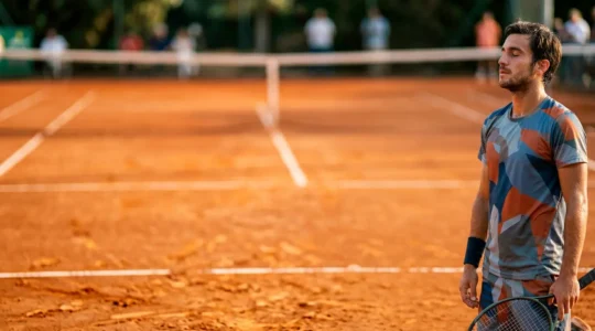 Joueur de tennis concentré sur court en terre battue dans un moment de maîtrise émotionnelle