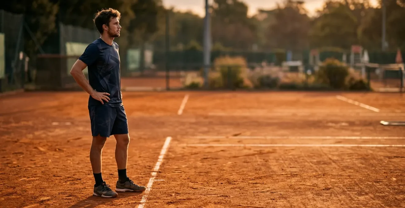 Joueur de tennis en introspection définissant son style de jeu sur court