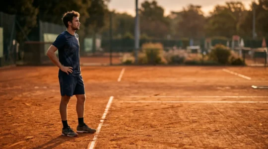 Joueur de tennis en introspection définissant son style de jeu sur court