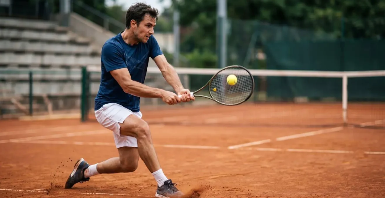 Joueur de tennis en action sur terre battue exécutant un coup croisé avec rotation du corps