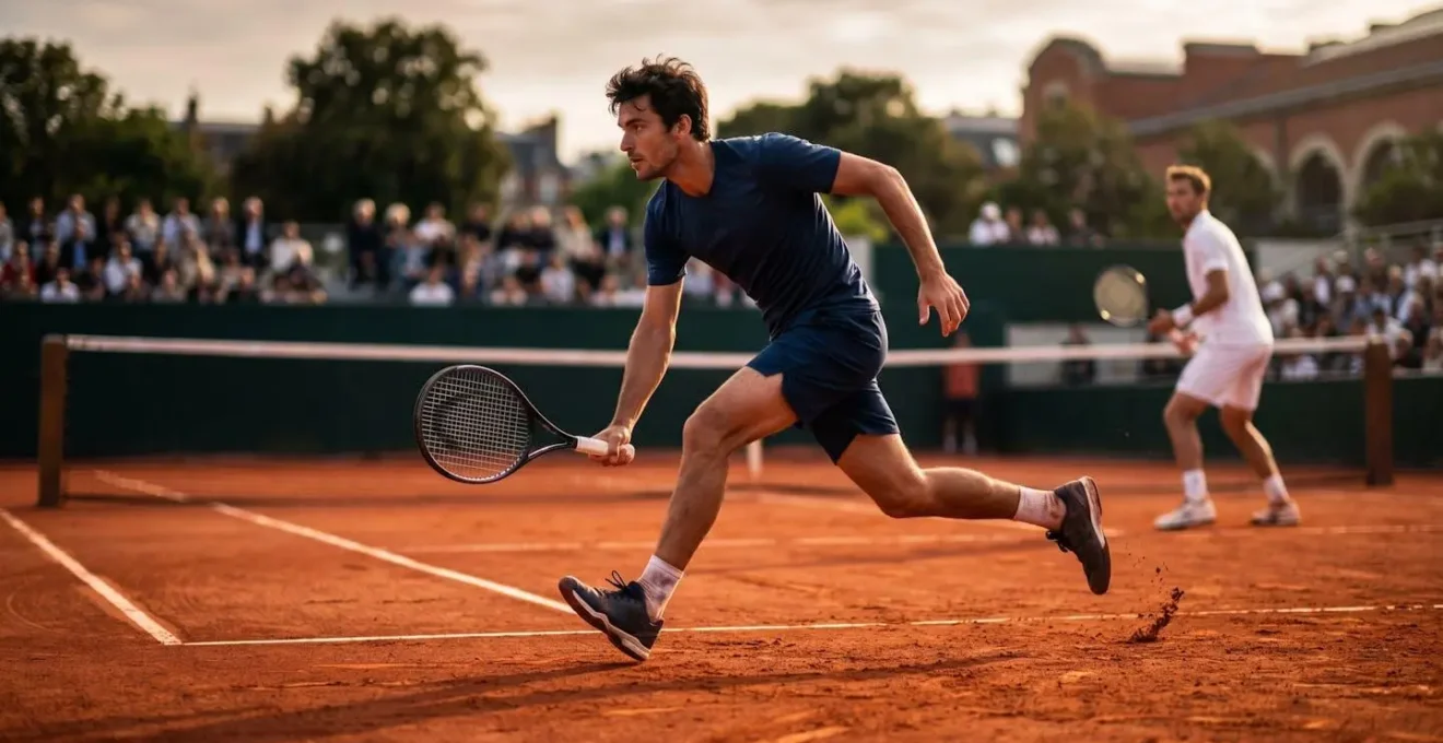 Joueur de tennis montant au filet de manière inattendue depuis une position défensive