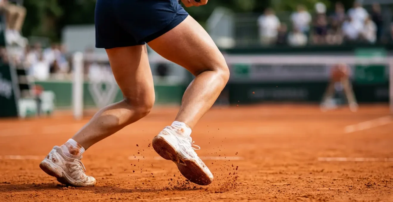 Joueur de tennis en plein déplacement latéral explosif sur terrain de terre battue