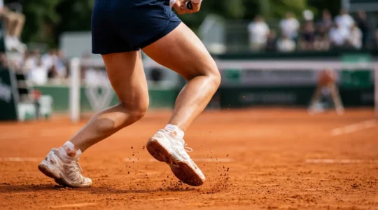 Joueur de tennis en plein déplacement latéral explosif sur terrain de terre battue