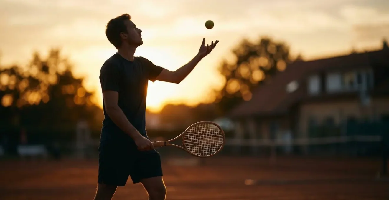 Silhouette de joueur de tennis en contre-jour préparant son service sur un court français au crépuscule