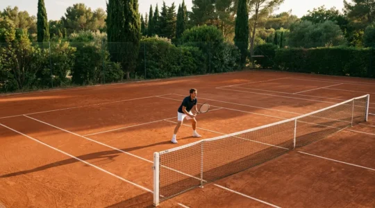 Joueur de tennis en action couvrant le terrain avec une posture tactique et stratégique