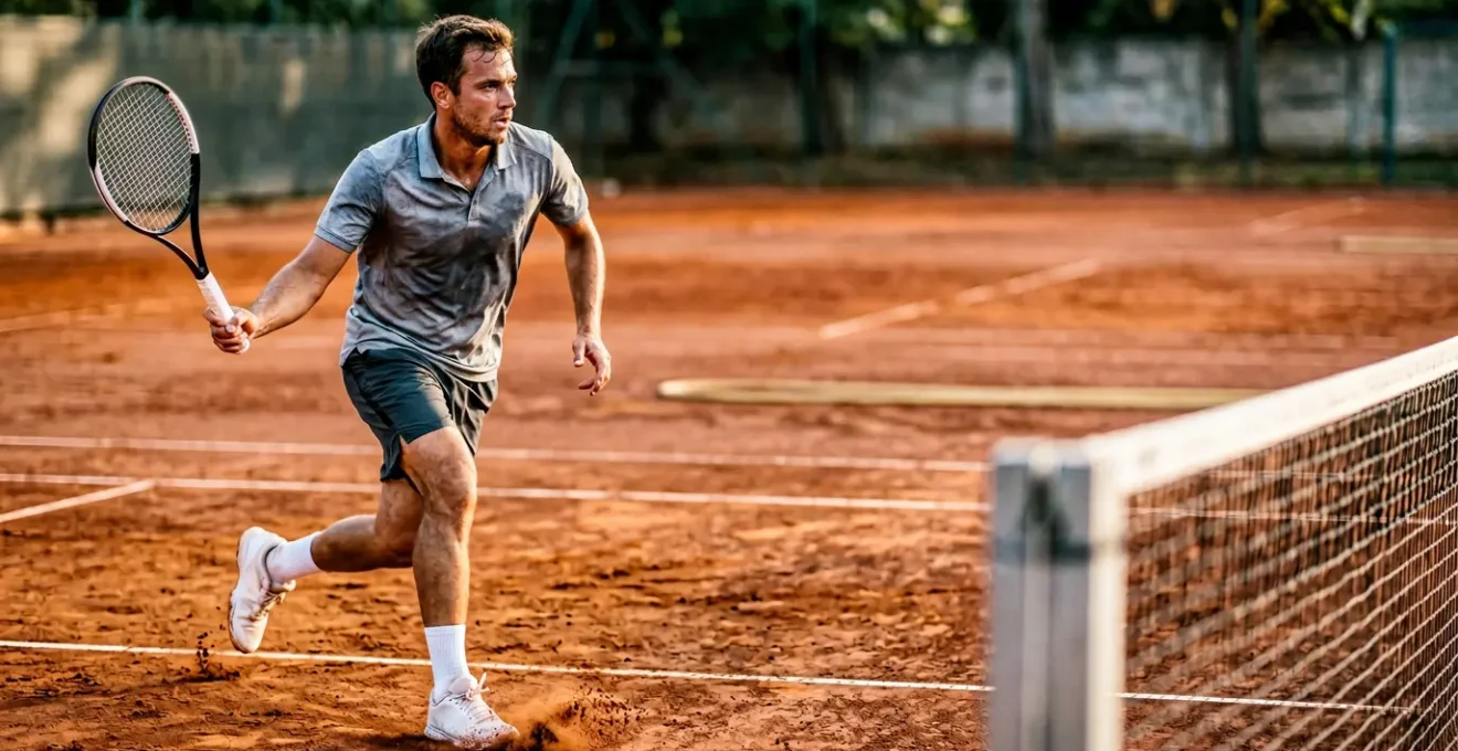 Joueur de tennis en pleine montée au filet après un coup d'approche sur court en terre battue