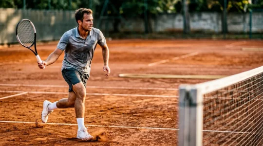 Joueur de tennis en pleine montée au filet après un coup d'approche sur court en terre battue