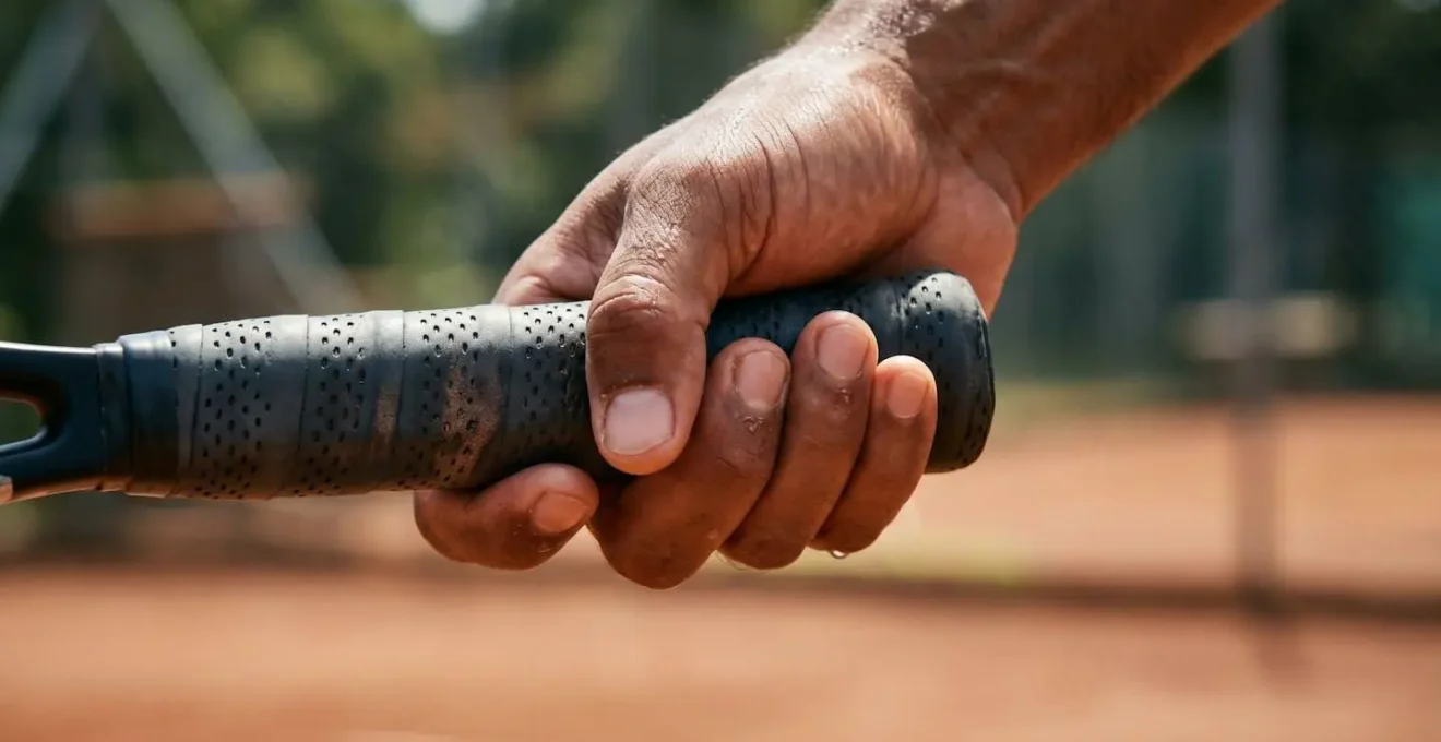 Gros plan sur la main d'un joueur serrant le manche d'une raquette avec des gouttes de transpiration visibles, surface texturée du grip