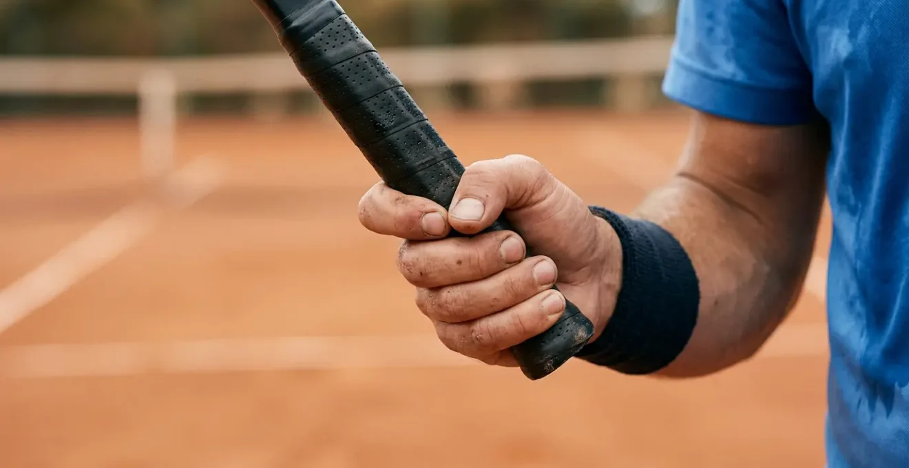 Gros plan sur la main d'un joueur de tennis tenant fermement le manche d'une raquette avec un surgrip, illustrant la connexion essentielle entre la main et l'équipement