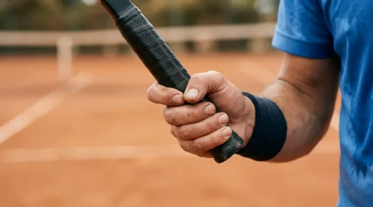 Gros plan sur la main d'un joueur de tennis tenant fermement le manche d'une raquette avec un surgrip, illustrant la connexion essentielle entre la main et l'équipement