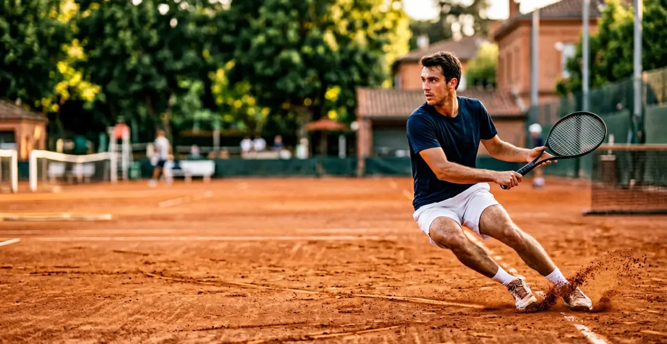 Joueur de tennis réalisant une glissade maîtrisée sur terre battue rouge dans un club français