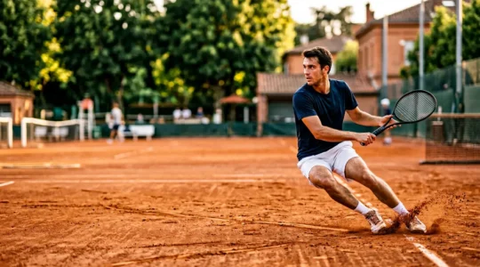 Joueur de tennis réalisant une glissade maîtrisée sur terre battue rouge dans un club français