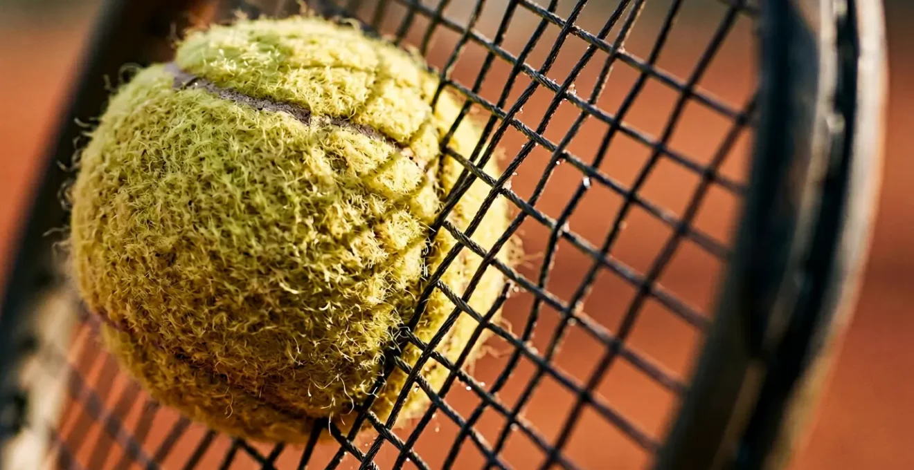 Gros plan sur une raquette de tennis cordée avec une balle en impact, illustrant la maîtrise technique et la régularité dans la frappe