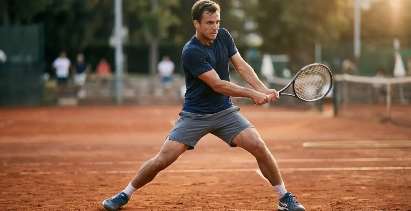 Plan rapproché d'un joueur de tennis en pleine rotation du tronc, capturant la puissance et la dynamique du mouvement de frappe