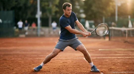 Plan rapproché d'un joueur de tennis en pleine rotation du tronc, capturant la puissance et la dynamique du mouvement de frappe