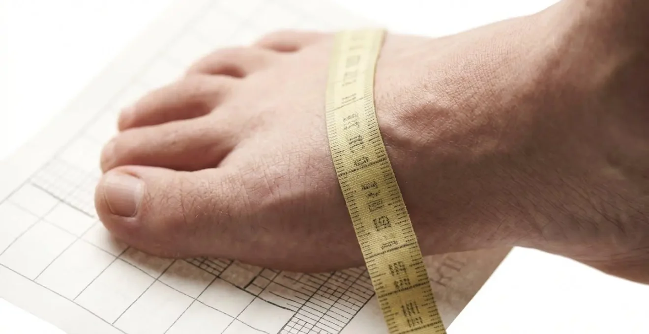 Gros plan sur un pied posé sur une feuille de mesure avec un mètre ruban mesurant la largeur