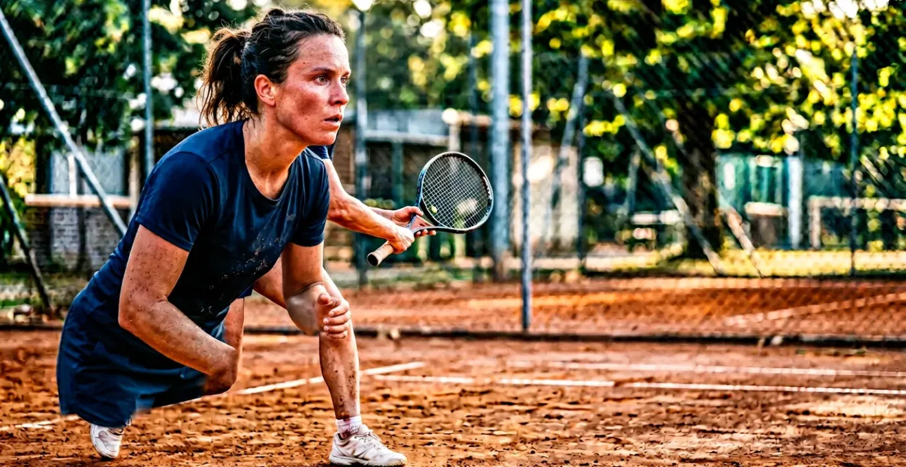 Joueur de tennis amateur concentré sur le court, incarnant la détermination et le dépassement de soi