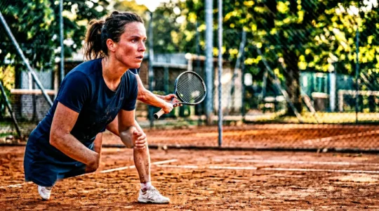 Joueur de tennis amateur concentré sur le court, incarnant la détermination et le dépassement de soi