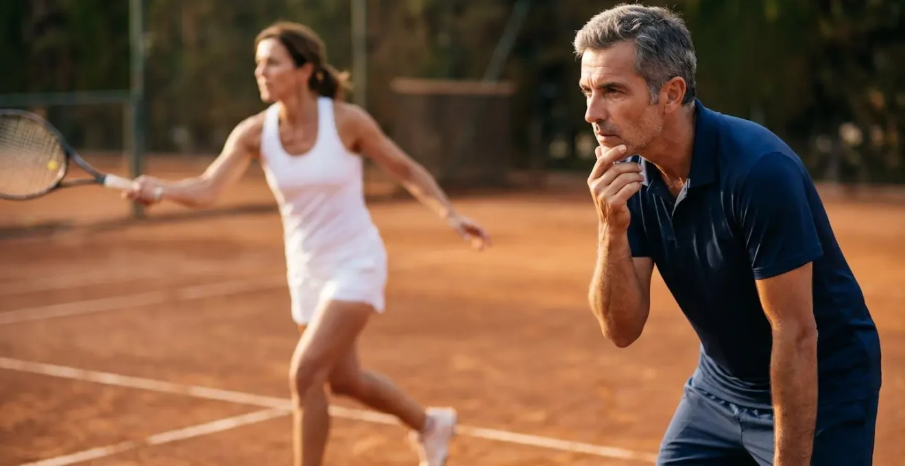 Joueurs de tennis adultes observant et analysant la technique d'un partenaire sur le court