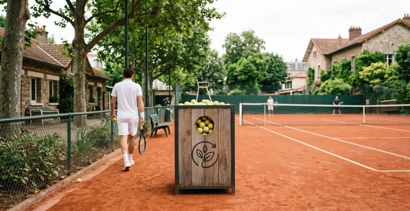 Conteneur de collecte de balles de tennis usagées dans un club français