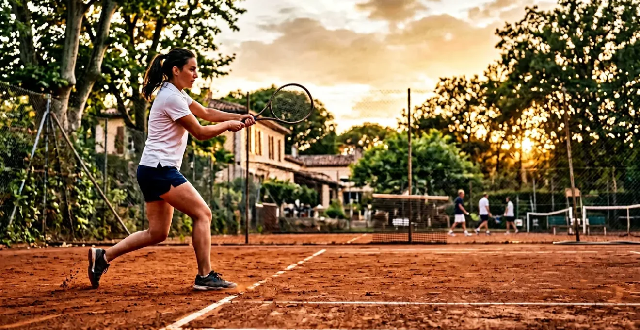 Joueur de tennis en pleine frappe sur un court moderne français