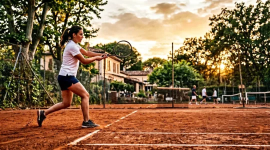 Joueur de tennis en pleine frappe sur un court moderne français