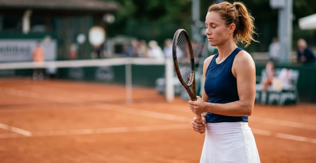 Joueur de tennis en pleine concentration pendant un match de tournoi, gestion mentale de la performance