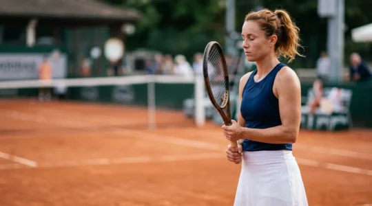 Joueur de tennis en pleine concentration pendant un match de tournoi, gestion mentale de la performance