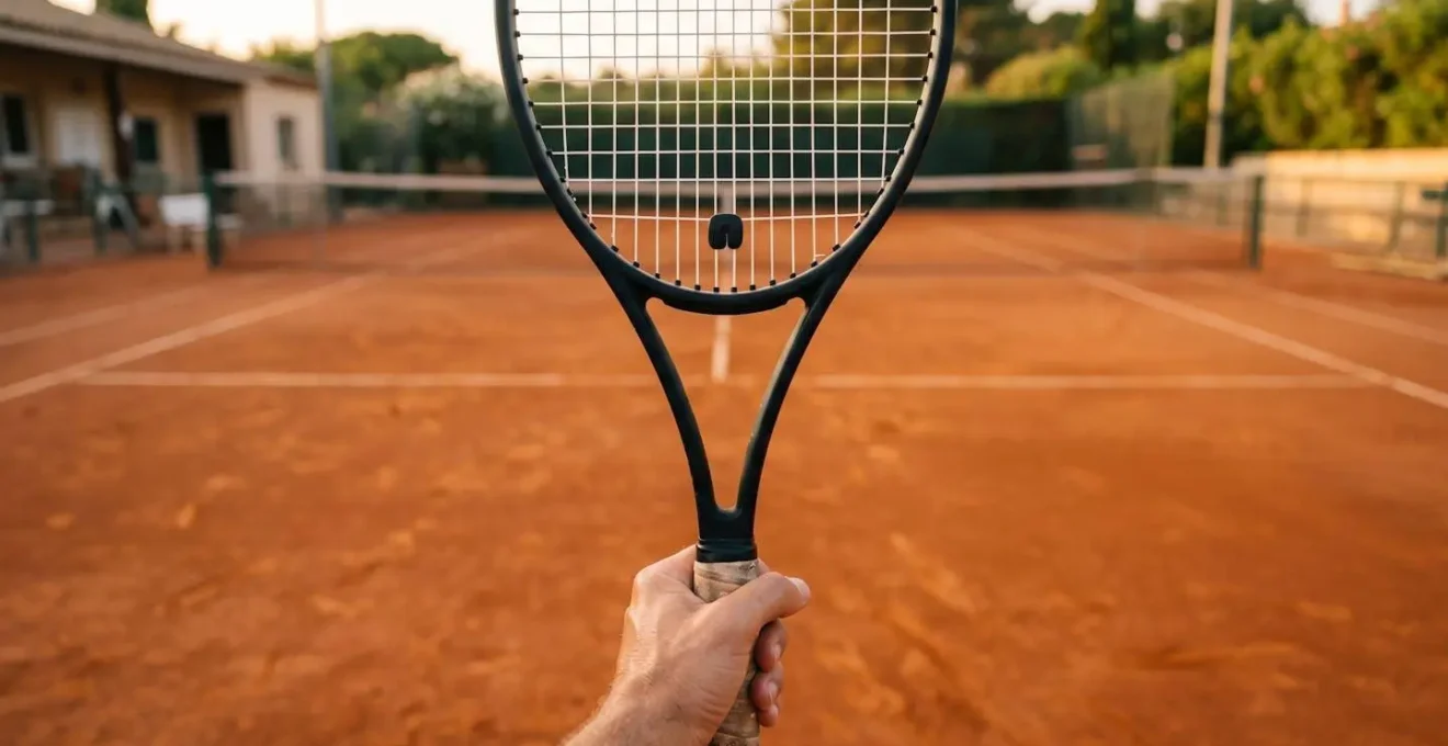 Vue en contre-plongée d'une raquette de tennis montrant le placement correct de l'anti-vibrateur sous la dernière corde horizontale