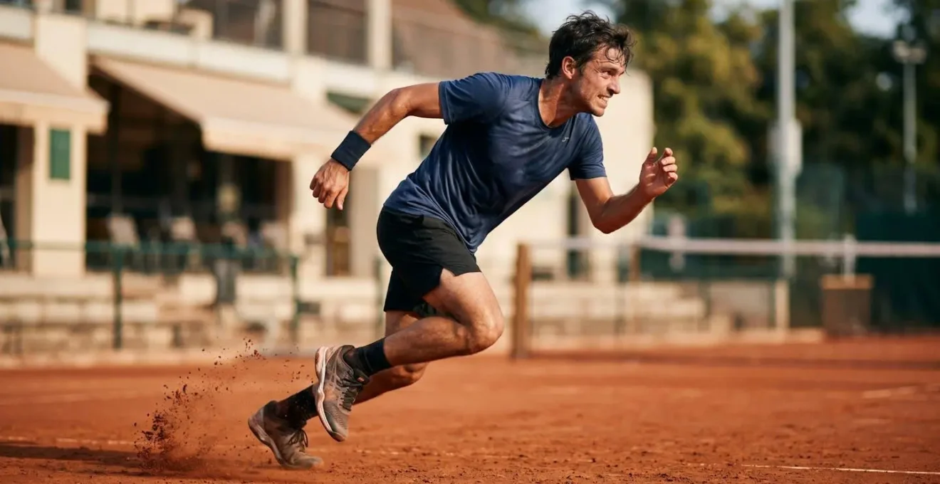 Joueur en préparation physique intensive sur terrain de tennis illustrant la gestion de l'effort