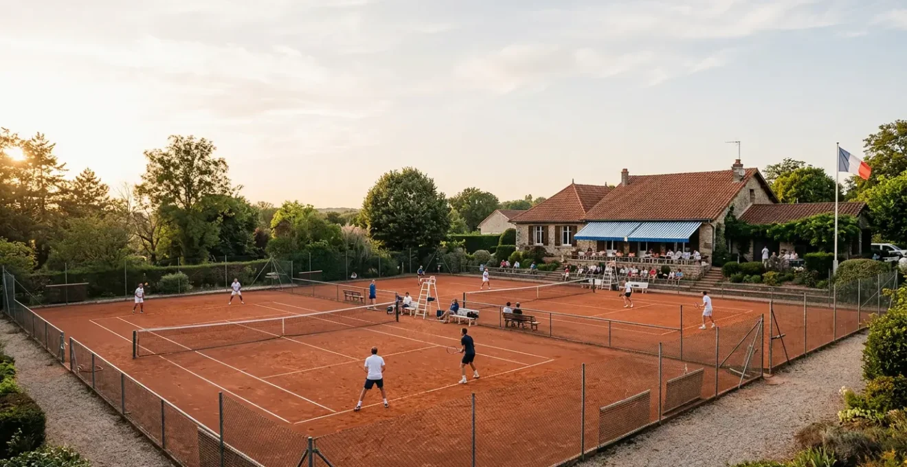 Vue d'ensemble d'un court de tennis français avec des joueurs en action illustrant la structure des compétitions nationales