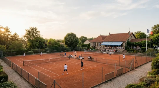 Vue d'ensemble d'un court de tennis français avec des joueurs en action illustrant la structure des compétitions nationales