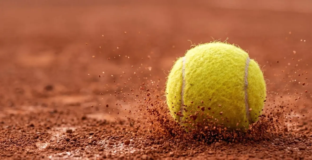 Gros plan sur une balle de tennis impactant la surface ocre d'une terre battue avec projection de poussière rouge