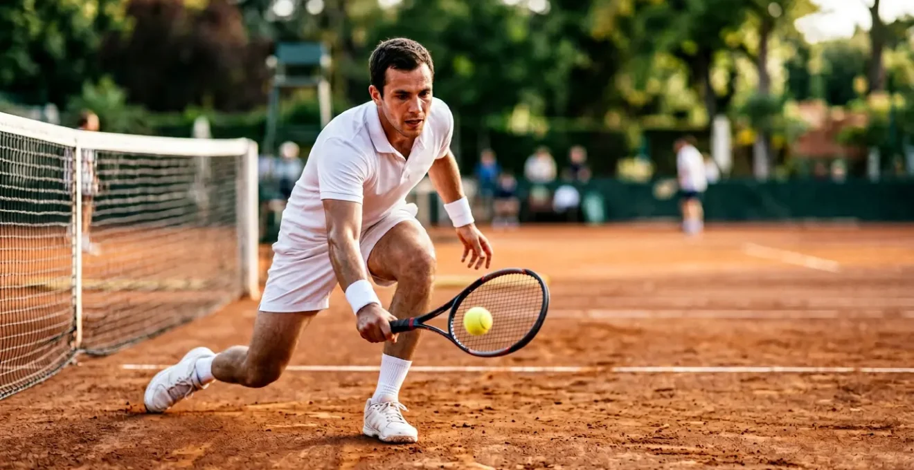 Joueur de tennis en pleine volée sur court en terre battue en France