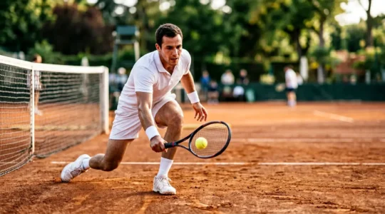 Joueur de tennis en pleine volée sur court en terre battue en France