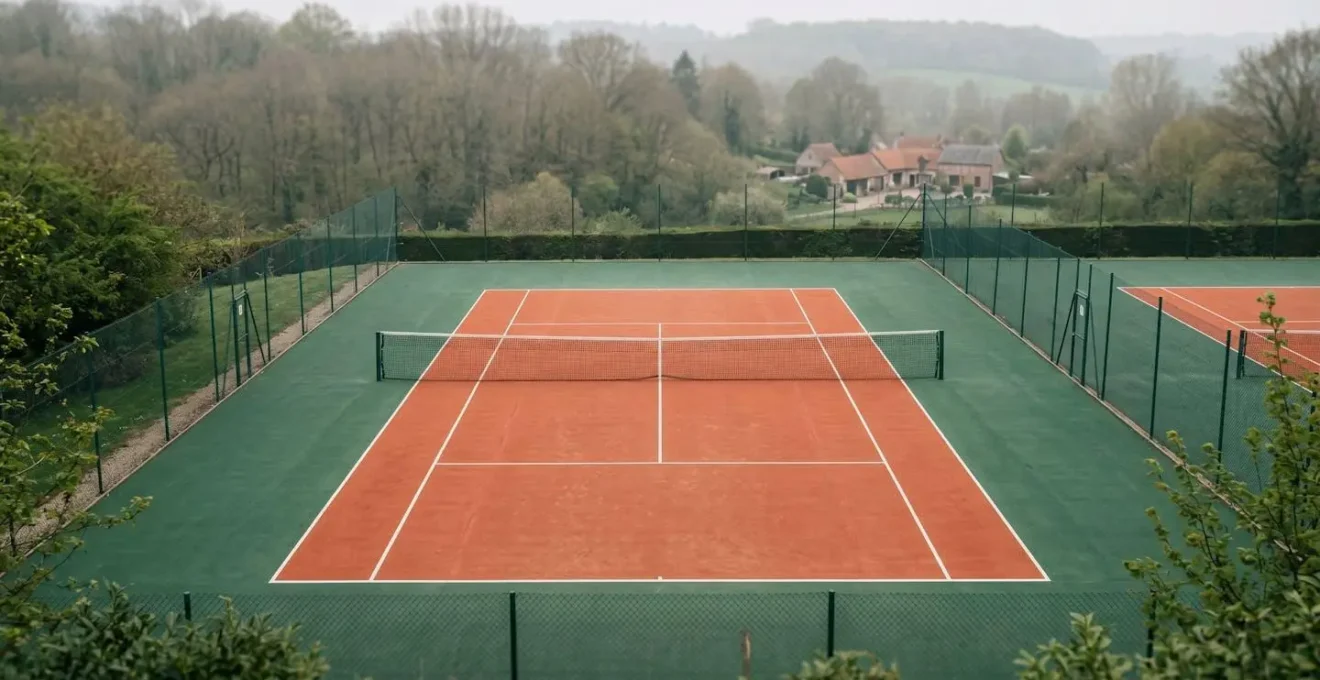 Vue large d'un court de tennis français avec son environnement immédiat montrant l'espace de sécurité et les zones de déplacement