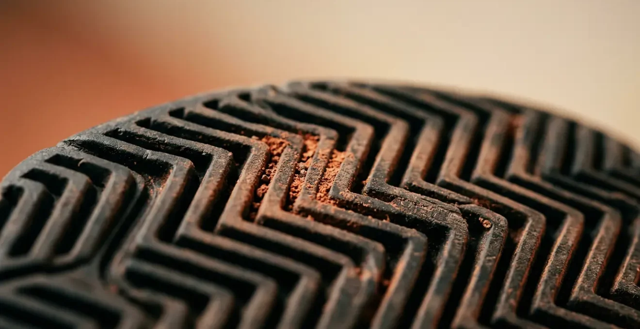 Gros plan macro sur la semelle à chevrons d'une chaussure de tennis spéciale terre battue avec particules de brique pilée rouge