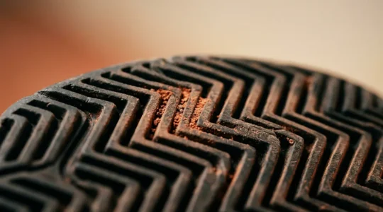 Gros plan macro sur la semelle à chevrons d'une chaussure de tennis spéciale terre battue avec particules de brique pilée rouge