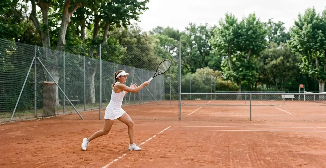 Séquence de mouvement d'un joueur de tennis français enchaînant service et coup droit sur court extérieur